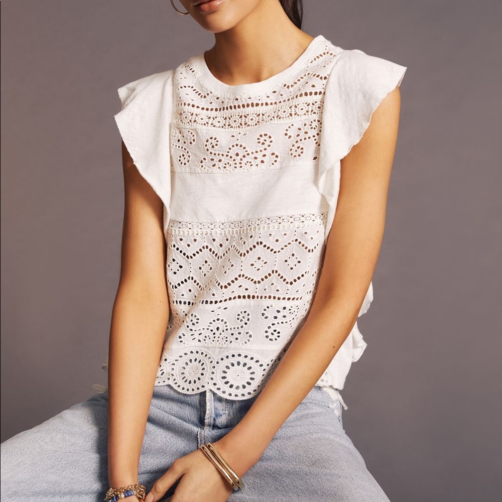 Anthropologie white cotton lace tank blouse, like new worn once sz LP
